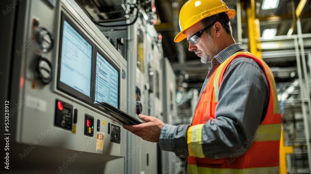 Industrial Worker Inspecting Control Panel with Laptop Industrial Worker Inspecting Control Panel with Laptop