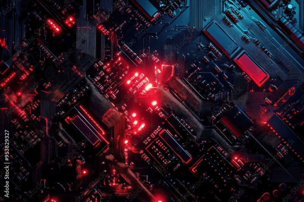 Futuristic circuit board with glowing red lights and intricate details, ideal for technology and innovation themes. Futuristic circuit board with glowing red lights and intricate details, ideal for technology and innovation themes.