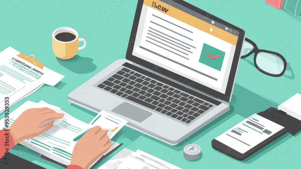 business laptop to apply for a loan through an online banking Illustration business laptop to apply for a loan through an online banking Illustration