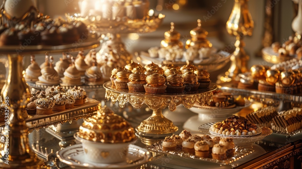 extravagant dessert buffet featuring intricate pastries, plated with edible gold and presented in an opulent setting. extravagant dessert buffet featuring intricate pastries, plated with edible gold and presented in an opulent setting.