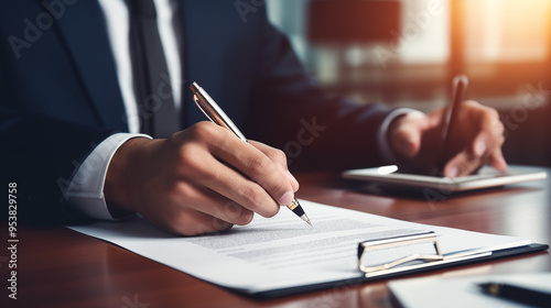 Man focuses on signing an important document. Business professional writes plans with a pen.