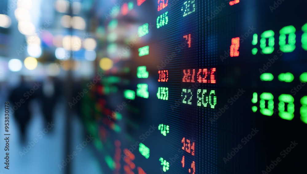 A stock market display showing green and red numbers, with an office background blurred in the foreground. A stock market display showing green and red numbers, with an office background blurred in the foreground.