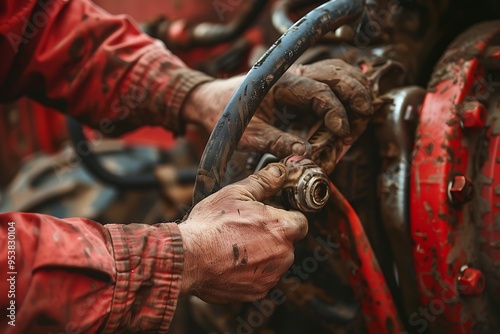 Close up worker working on a engine used in agriculture photo