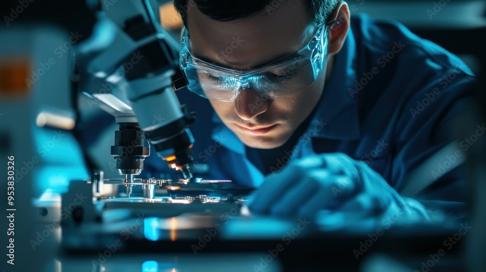 Technician Examining Circuit Board with Microscope Technician Examining Circuit Board with Microscope