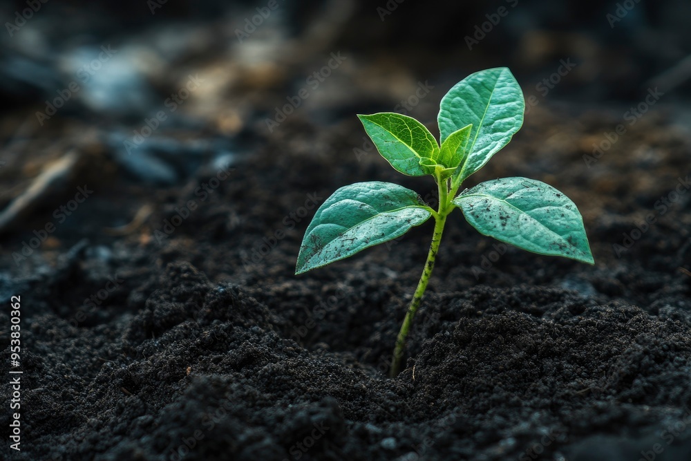 Young plant springing up out of the soil with generative ai Young plant springing up out of the soil with generative ai