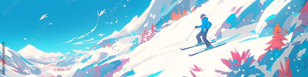Fototapeta premium Vibrant Anime-Style Winter Adventure: Joyful Skiers Gliding Down Snowy Slopes at Anji Star Sky Resort. AI-Generated Festive Scene for Holiday Marketing, Cultural Diversity, and Seasonal Decor. Versati