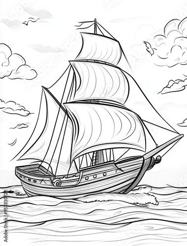 Line drawing of a sailboat with sails billowing in the wind.