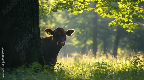 Brown cow resting under a large tree with sunbeams filtering through autumn leaves photo