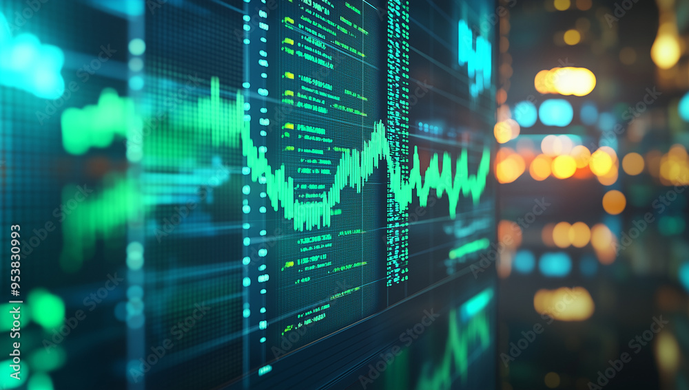 A stock market display showing green and red numbers, with an office background blurred in the foreground. A stock market display showing green and red numbers, with an office background blurred in the foreground.