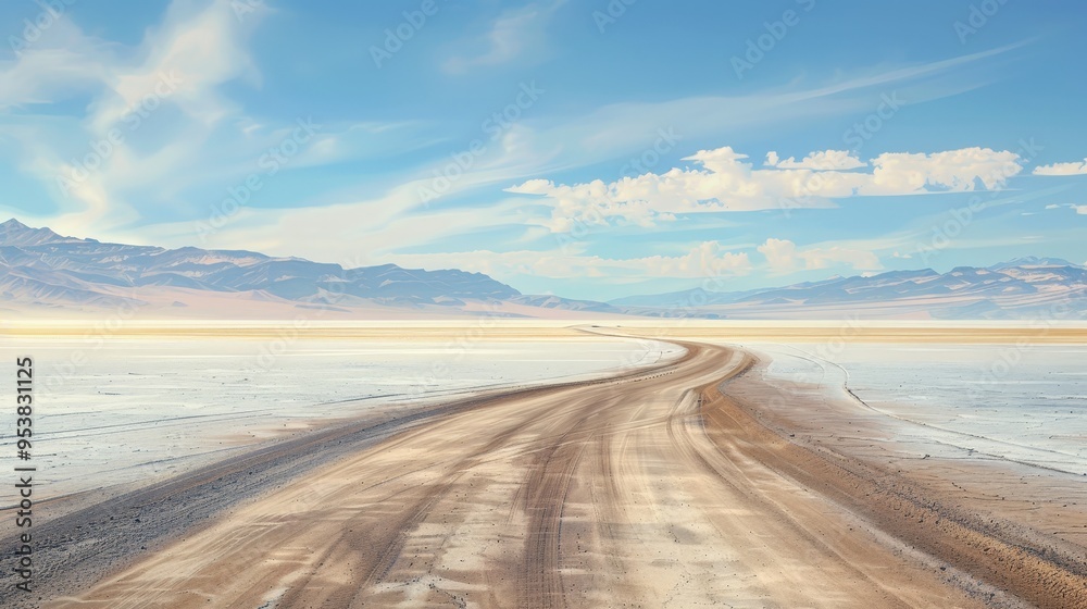 isolated road winding through an expansive, arid salt flat, with a shimmering mirage on the horizon. isolated road winding through an expansive, arid salt flat, with a shimmering mirage on the horizon.