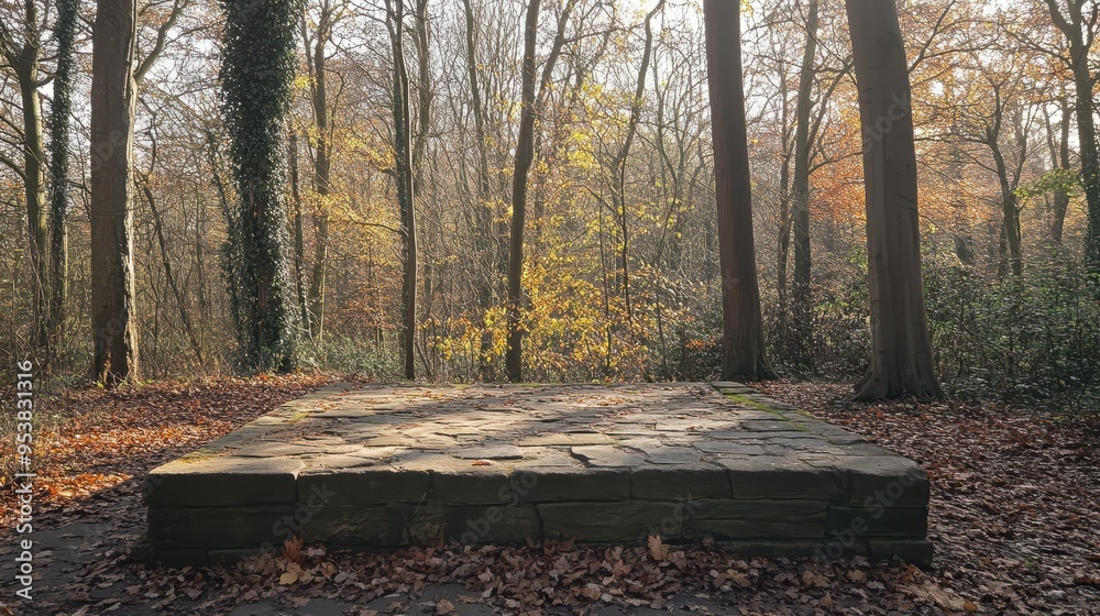 A stone platform in a woodland area, with fallen leaves scattered across its surface and tall trees providing shade A stone platform in a woodland area, with fallen leaves scattered across its surface and tall trees providing shade