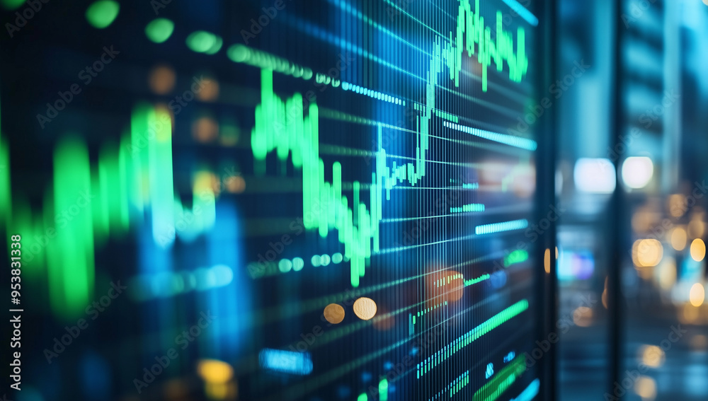 A stock market display showing green and red numbers, with an office background blurred in the foreground.