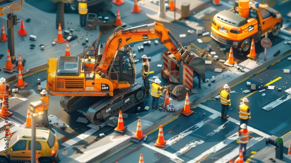 road workers in reflective vests and hard hats operating heavy machinery on a busy construction site, with orange safety cones and equipment scattered around road workers in reflective vests and hard hats operating heavy machinery on a busy construction site, with orange safety cones and equipment scattered around