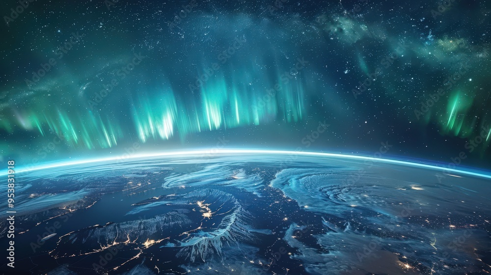 Fototapeta premium horizon with the northern lights visible above it, creating a mesmerizing blend of natural light phenomena against the curve.