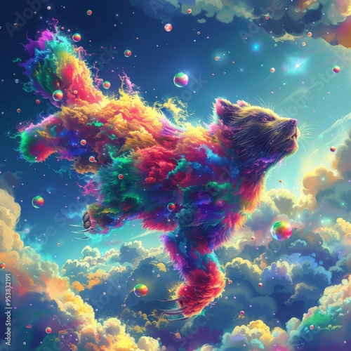 Colorful fluffy cat running through the clouds photo