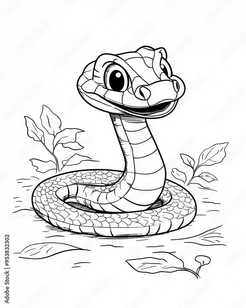 Fototapeta premium Cute cartoon snake with big eyes, ready for coloring