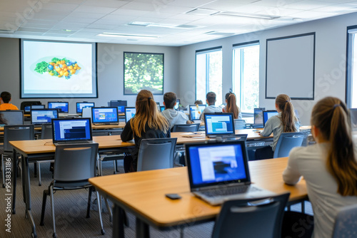 High school students using laptops during class in modern classroom