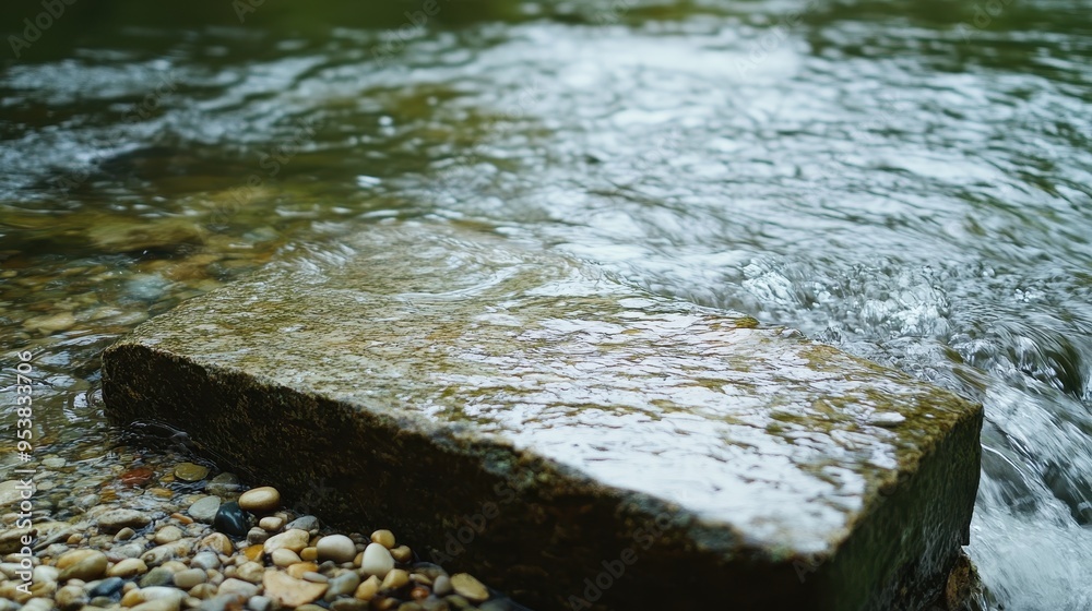 A stone surface beside a flowing river, with water gently lapping against the stone and small pebbles scattered around A stone surface beside a flowing river, with water gently lapping against the stone and small pebbles scattered around