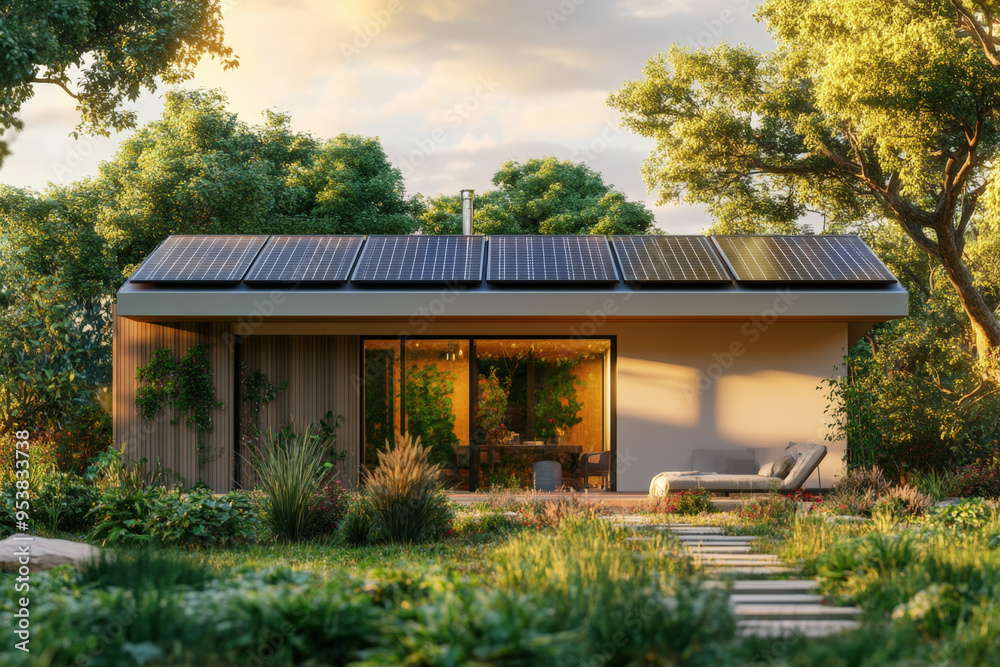Sunlight is bathing the modern house with solar panels on the roof, surrounded by lush green forest Sunlight is bathing the modern house with solar panels on the roof, surrounded by lush green forest