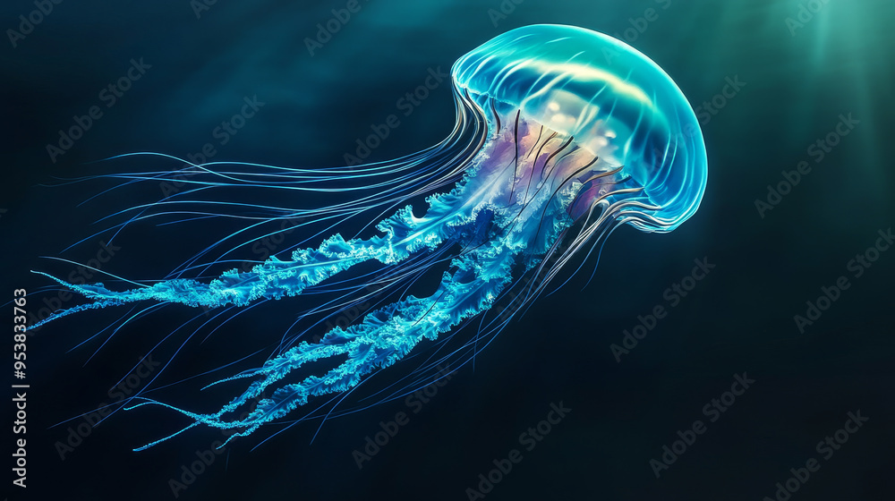 A large blue jellyfish is swimming in the ocean A large blue jellyfish is swimming in the ocean