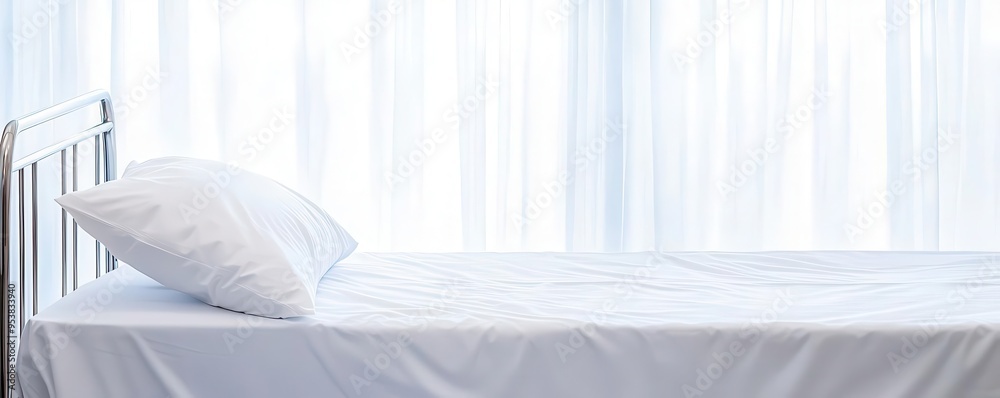Empty hospital bed with crisp white sheets, bathed in cold, sterile light, illness, absence and recovery Empty hospital bed with crisp white sheets, bathed in cold, sterile light, illness, absence and recovery