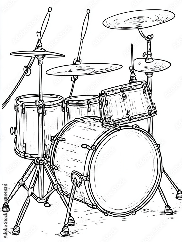 Line drawing illustration of a drum set Line drawing illustration of a drum set