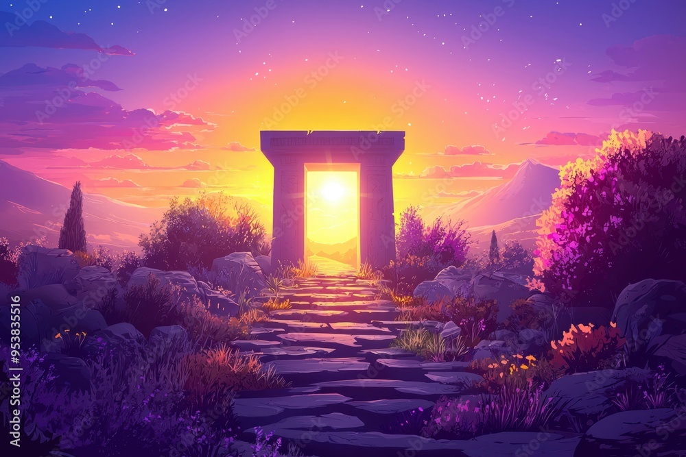 Naklejka premium Stone Archway Leading to a Bright Sunrise Through Purple Hills