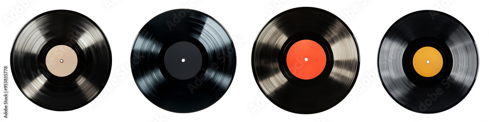 Obraz premium A collection of classic vinyl records showcasing various colors and labels, perfect for music lovers and retro enthusiasts, isolated on transparent background.