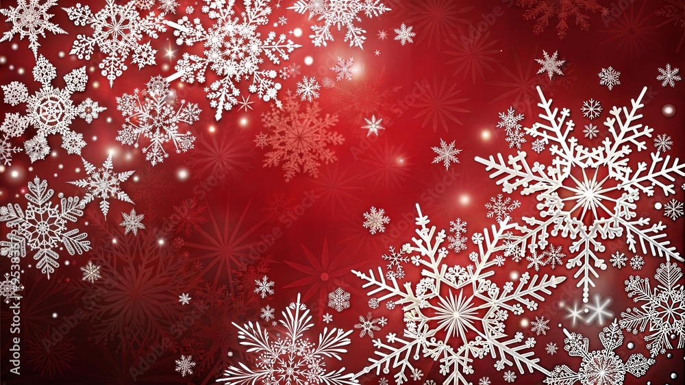 Snowflake background with white snowflakes on a red backdrop, festive winter design, copy space Snowflake background with white snowflakes on a red backdrop, festive winter design, copy space