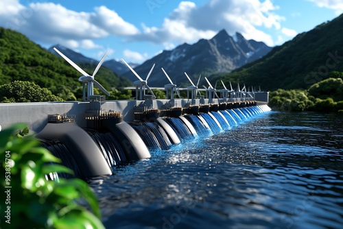 Hydropower advancements and eco-friendly technology are showcased in a vibrant illustration of a modern dam with advanced turbines photo