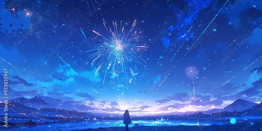 Fototapeta premium Enchanting Winter Night Illustration: Aurora, Fireworks, and Starry Sky over Snowy Landscape. Dreamy Anime-Style Scene for Christmas Marketing, Cultural Inclusivity, and Seasonal Decor. Versatile 4K W