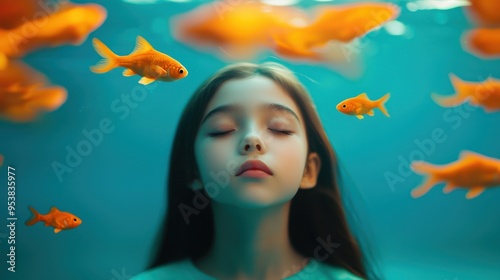 A serene young girl with closed eyes underwater surrounded by swimming goldfish, creating an ethereal scene of tranquility and peace. photo