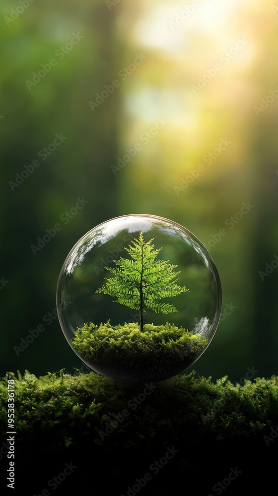 A small tree encased in a glass orb sits on a mossy surface, symbolizing growth and environmental protection in a serene natural setting. A small tree encased in a glass orb sits on a mossy surface, symbolizing growth and environmental protection in a serene natural setting.