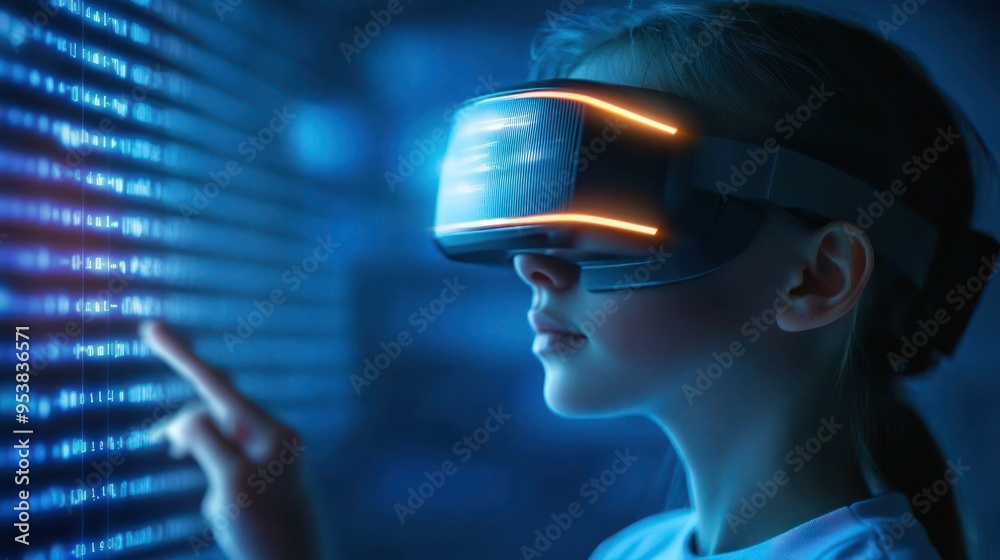 A young girl with virtual reality headset interacts with a futuristic digital display, exploring immersive technology and innovation. A young girl with virtual reality headset interacts with a futuristic digital display, exploring immersive technology and innovation.
