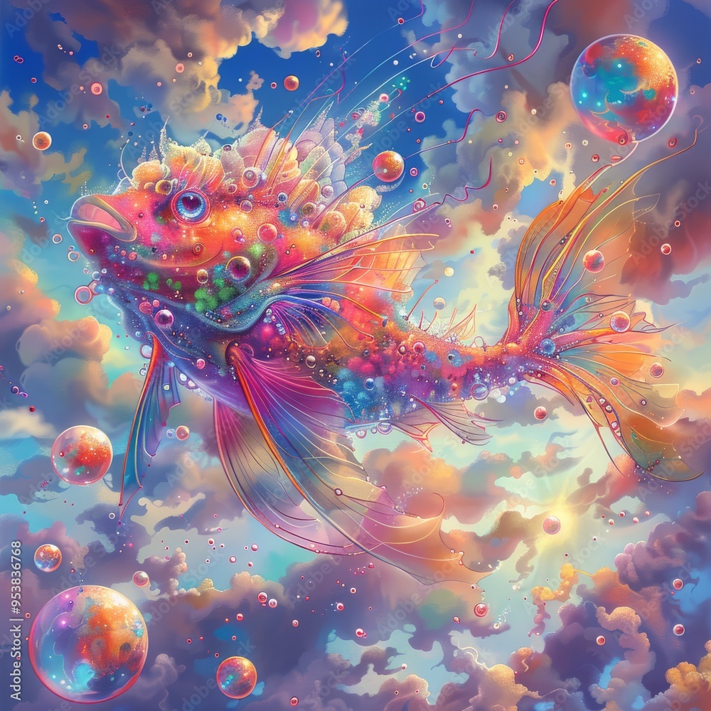 Surreal painting of a fish-like creature with vibrant colors and intricate details, set against a backdrop of swirling clouds and bubbles. Surreal painting of a fish-like creature with vibrant colors and intricate details, set against a backdrop of swirling clouds and bubbles.