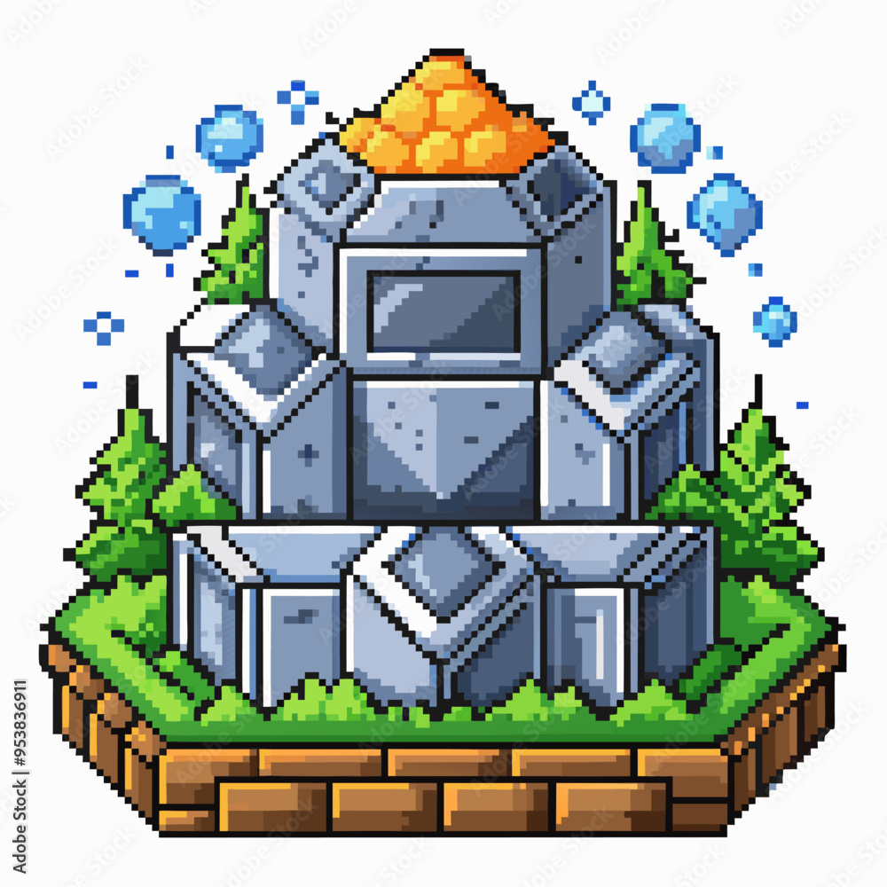 Naklejka premium Pixel Art Monument with Geometric Shapes and Bubbles in a Fantasy Forest
