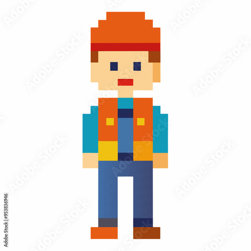 Pixel Art Character in Orange Vest and Red Cap for Retro Video Games and Digital Designs