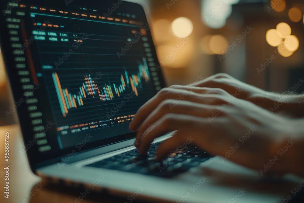 Close-up of a trader analyzing cryptocurrency stock market data on laptop screen, tracking crypto prices Close-up of a trader analyzing cryptocurrency stock market data on laptop screen, tracking crypto prices