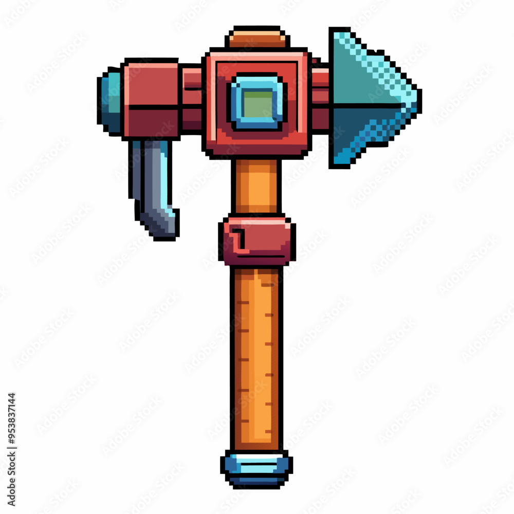 Retro Pixel Art Hammer with Arrowhead Iconic 8 Bit Game Tool Design Retro Pixel Art Hammer with Arrowhead Iconic 8 Bit Game Tool Design