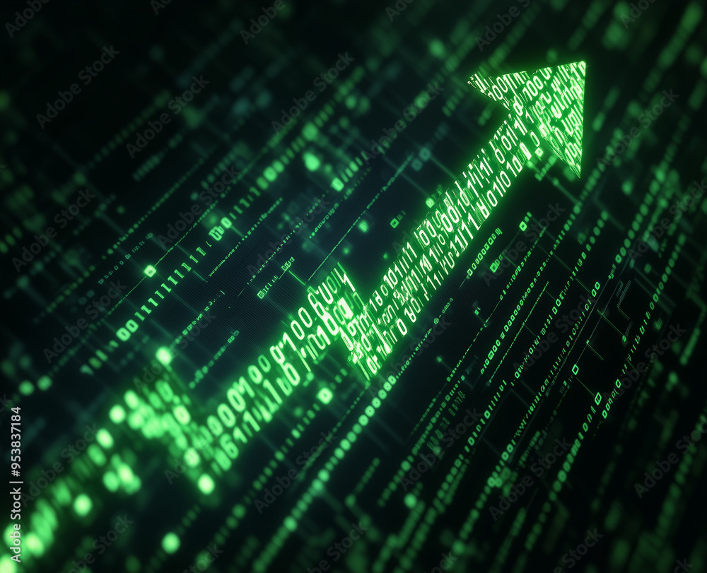 Fototapeta premium A green arrow pointing upwards on an upward-trending graph, set against a backdrop of binary code, symbolizing stock market growth or business success