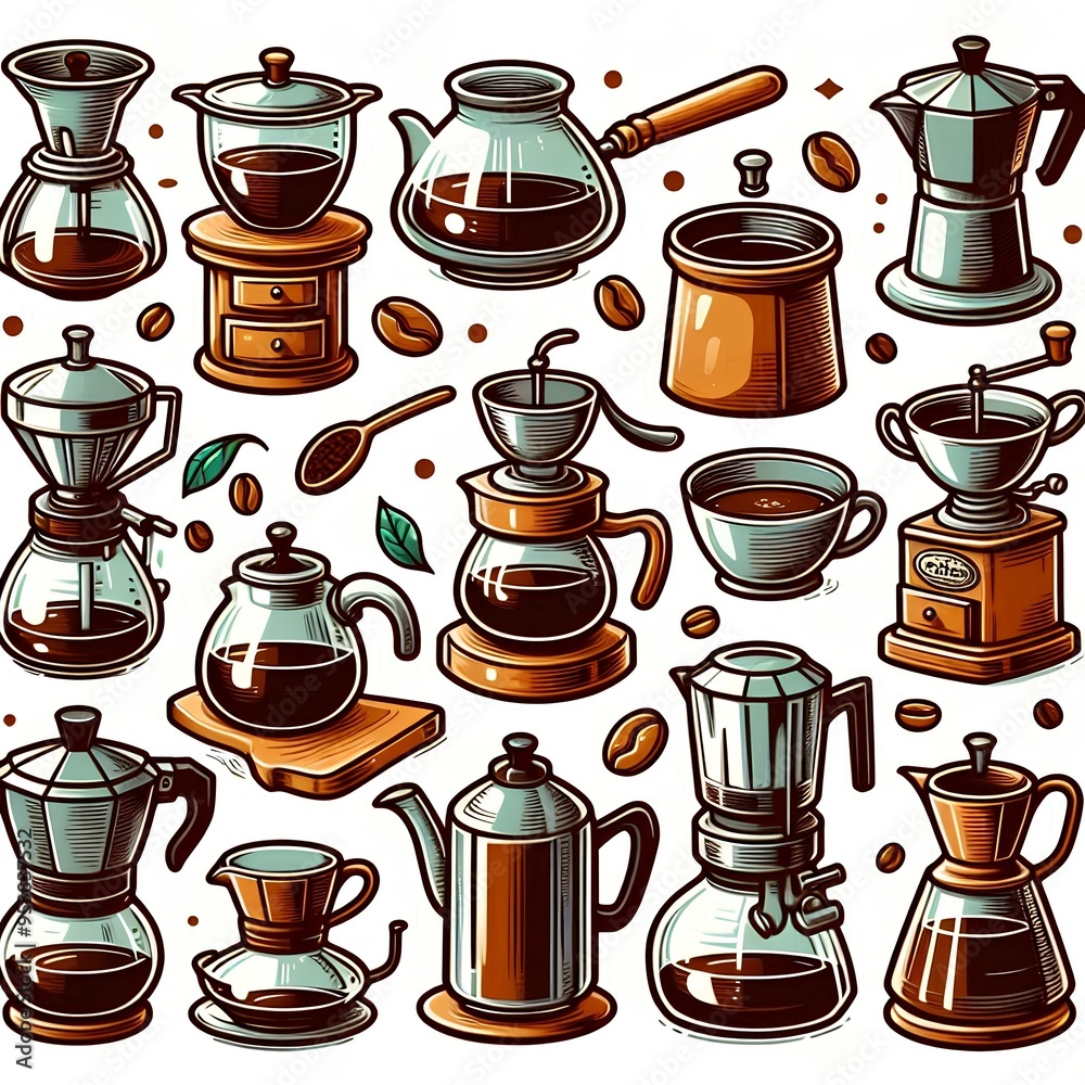 A collection of cartoon-style illustrations showing various coffee brewing equipment, perfect for any coffee enthusiast looking to explore different methods and techniques. A collection of cartoon-style illustrations showing various coffee brewing equipment, perfect for any coffee enthusiast looking to explore different methods and techniques.