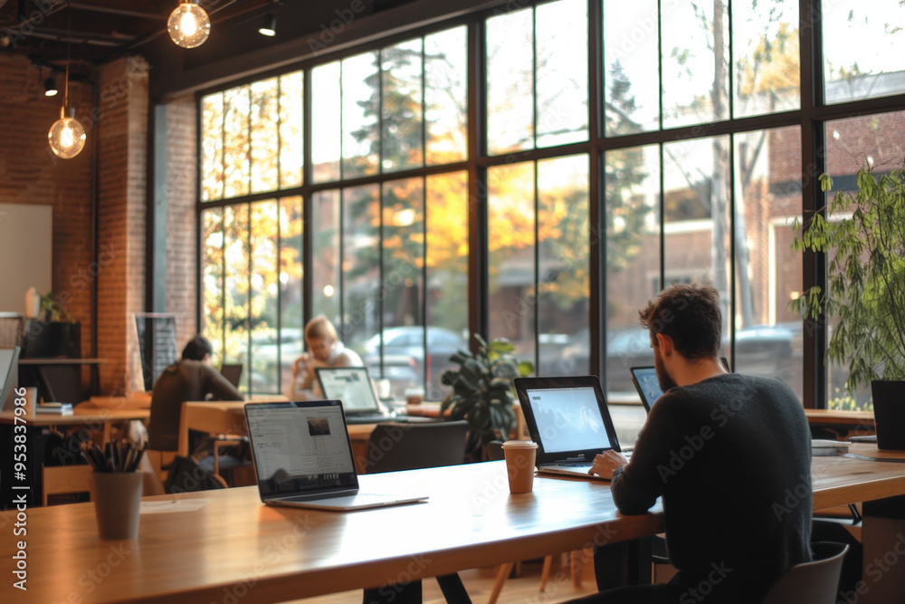 Busy professionals using laptops while working remotely in a modern coworking space with large windows Busy professionals using laptops while working remotely in a modern coworking space with large windows