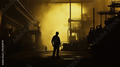 Silhouetted Worker in an Industrial Setting with Smoke and Glowing Light