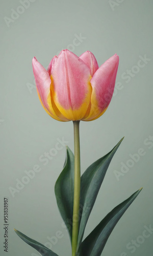 Beautiful pink yellow flower tulips full bloom, isolated on light green background