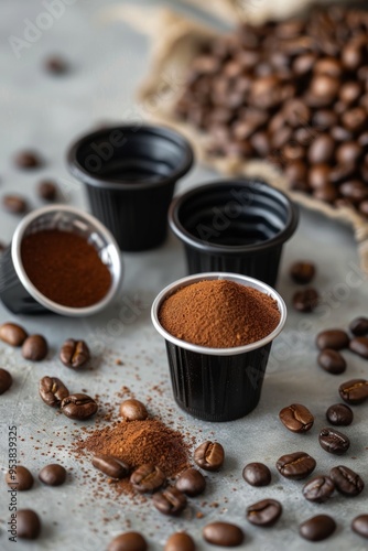 Compostable coffee pods next to coffee beans. Generative AI.