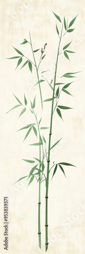 Bamboo Shoot with Green Leaves and Small Birds Perched on Branches in Traditional Chinese Painting Style, Ideal for Nature and Culture Related Designs Generative AI