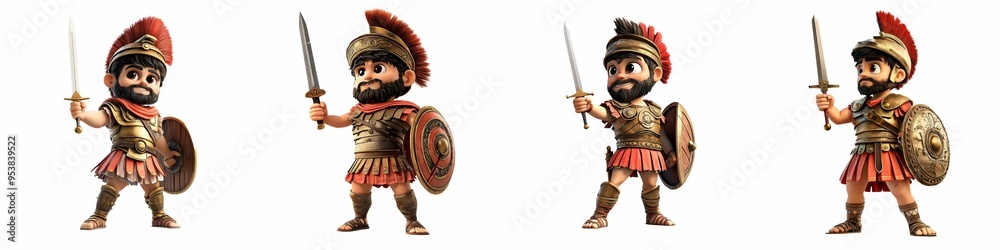 Group of cartoon Roman soldiers in detailed armor, holding swords and shields, wearing red plumed helmets. The characters have bearded faces and determined expressions. Group of cartoon Roman soldiers in detailed armor, holding swords and shields, wearing red plumed helmets. The characters have bearded faces and determined expressions.