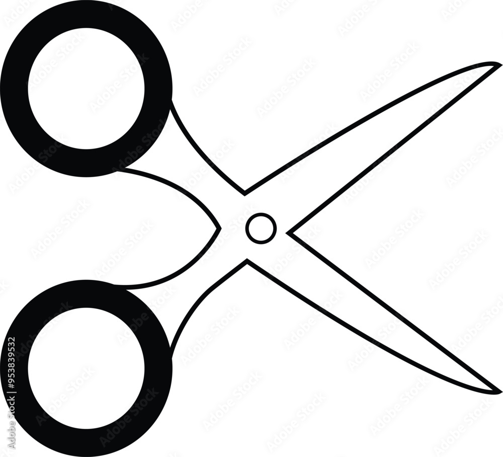  Black hairdressing scissor on white background. Isolated. Working tool for hairdressers. Open Scissor Isolated on White with transparent background.