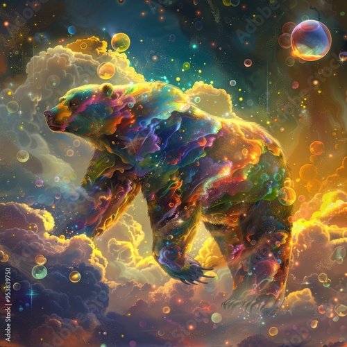 The image is a surreal and ethereal depiction of a bear. The bear is formed from swirling clouds of vibrant colors, and it appears to be walking through a celestial landscape. photo