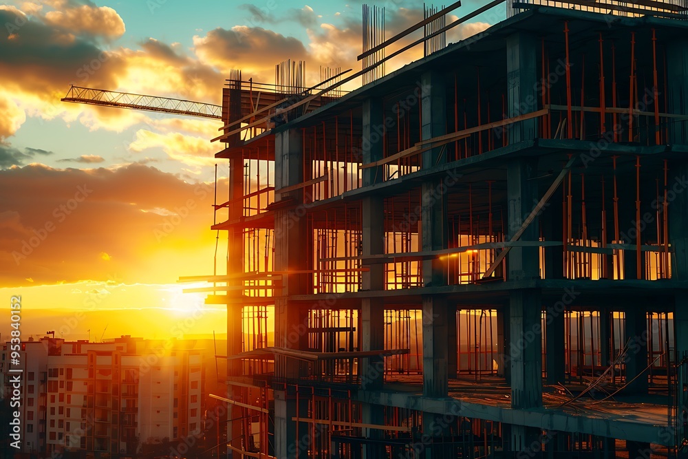 Obraz premium Construction of large residential buildings with crane at sunset